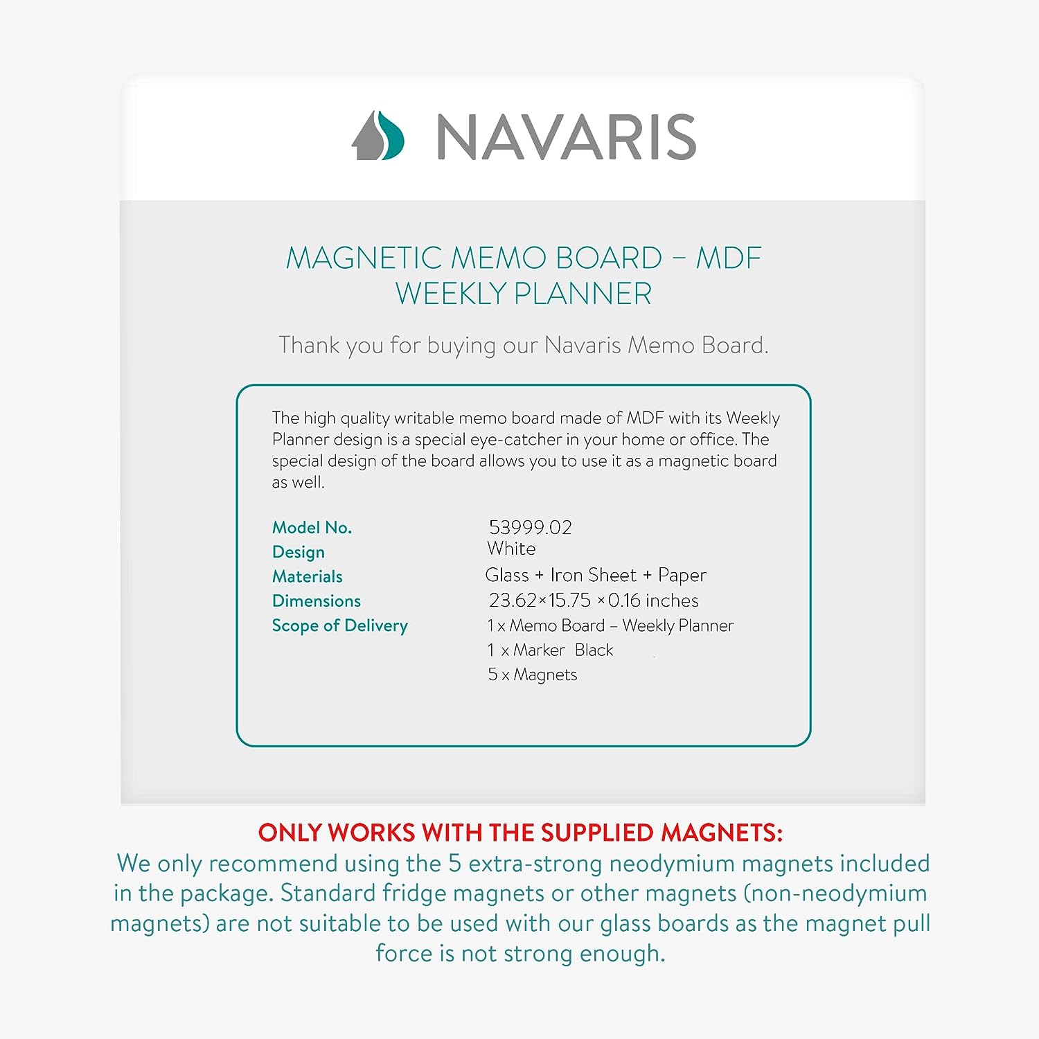 Navaris Μαγνητικός Γυάλινος Πίνακας Εβδομαδιαίου Χρονοδιαγράμματος - 60 x 40cm - White - 53999.02