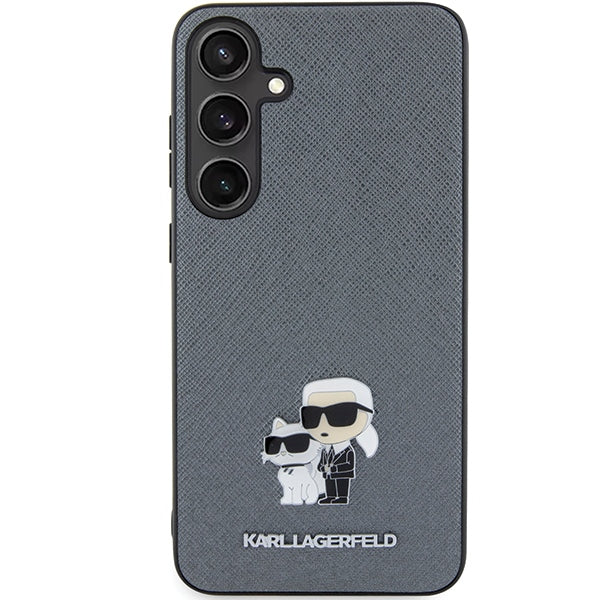 Karl Lagerfeld Samsung Galaxy S24 - Saffiano Karl and Choupette Metal Pin Σκληρή Θήκη με Επένδυση Συνθετικού Δέρματος και Πλαίσιο Σιλικόνης - Grey - KLHCS24SPSAKCMPG