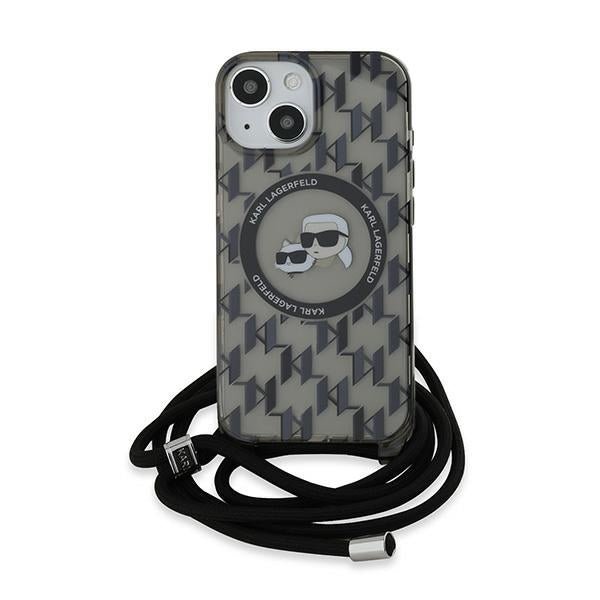 Karl Lagerfeld iPhone 15 / 14 / 13 - IML Crossbody Monogram Karl and Choupette Head - MagSafe Σκληρή Θήκη με Πλαίσιο Σιλικόνης και Λουράκι - Black - KLHMP15SHCKCKLCK