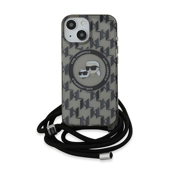 Karl Lagerfeld iPhone 15 / 14 / 13 - IML Crossbody Monogram Karl and Choupette Head - MagSafe Σκληρή Θήκη με Πλαίσιο Σιλικόνης και Λουράκι - Black - KLHMP15SHCKCKLCK