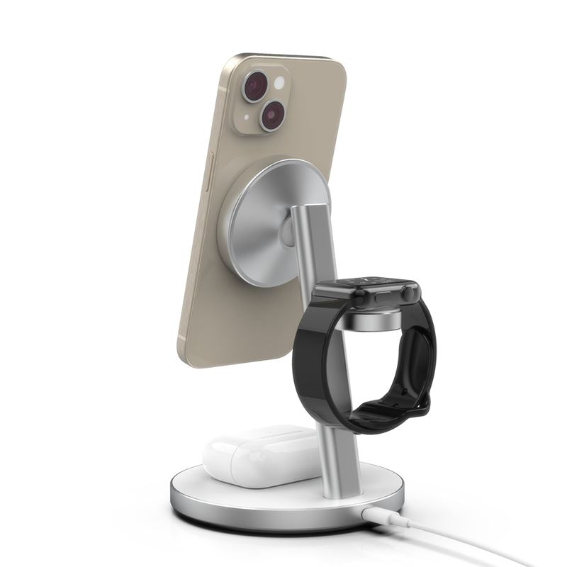 Mobile Origin Qi2 PowerStand 3in1 Ασύρματος Μαγνητικός Φορτιστής MagSafe με Αντάπτορα GAN 35W - White / Silver