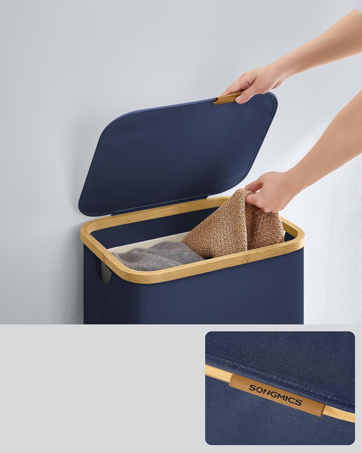 Songmics Καλάθι Απλύτων με Καπάκι και Αποσπώμενη Εσωτερική Θήκη - 90L - Charcoal Blue - LCB509Q01