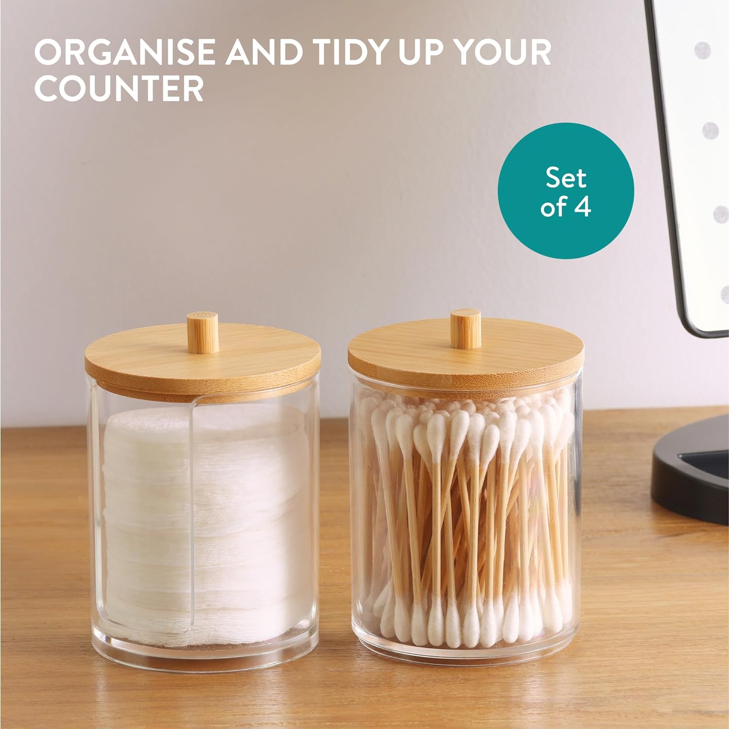 Navaris Σετ με 4 Πλαστικά Δοχεία Αποθήκευσης Αξεσουάρ Μπάνιου με Καπάκι από Μπαμπού - Διάφανα / Light Brown - 59140.02