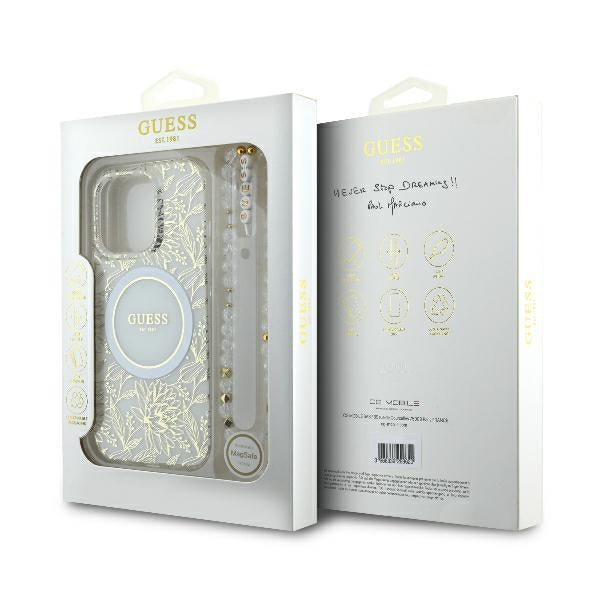 Guess iPhone 16 Pro - IML Flowers Allover Electro With Pearl Strap MagSafe - Σκληρή Θήκη με Πλαίσιο Σιλικόνης και Λουράκι - White / Διάφανη - GUHMP16LHCPOFPH