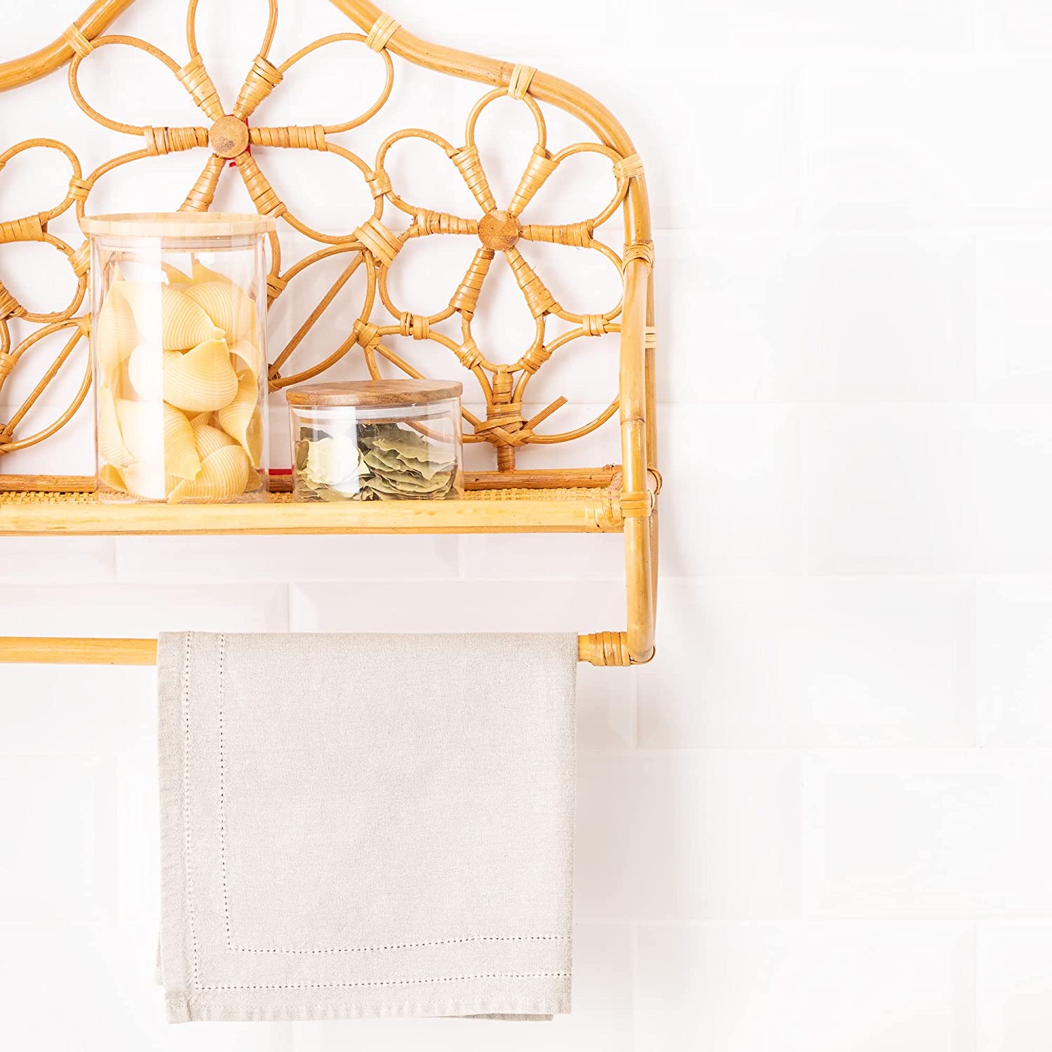 Navaris Επιτοίχια Rattan Βάση Στήριξης για Πετσέτα με Ράφι - 50 x 36 x 17 cm - Light Brown / Natural - 56511.02