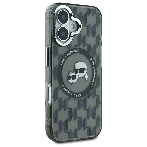 Karl Lagerfeld iPhone 16 - IML Monogram Karl and Choupette Head - MagSafe Σκληρή Θήκη με Πλαίσιο Σιλικόνης - Black - KLHMP16SHMCKMHK