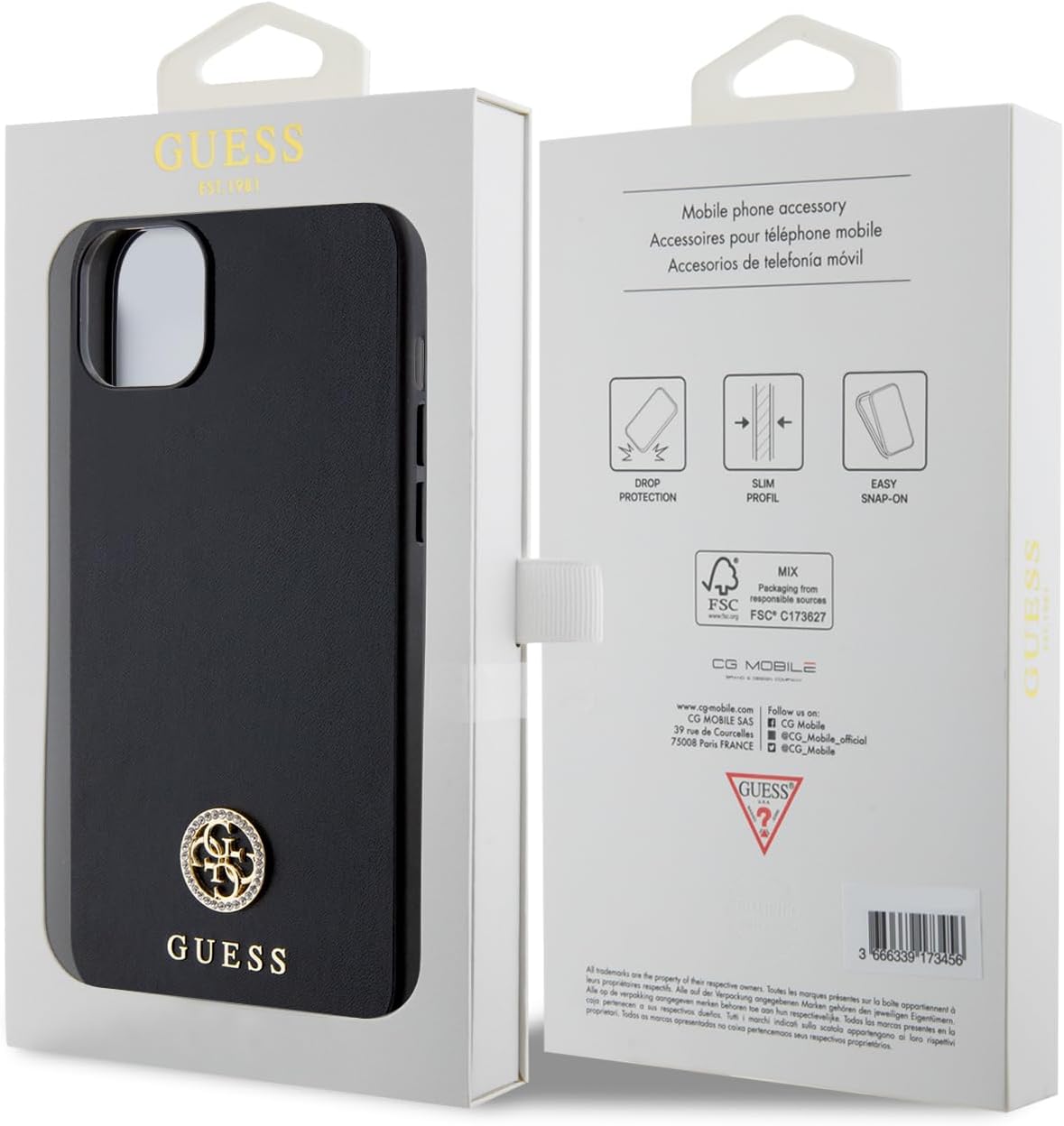 Guess iPhone 15 Plus 4G Strass Metal Logo Θήκη με Επένδυση Συνθετικού Δέρματος - Black - GUHCP15MPS4DGPK