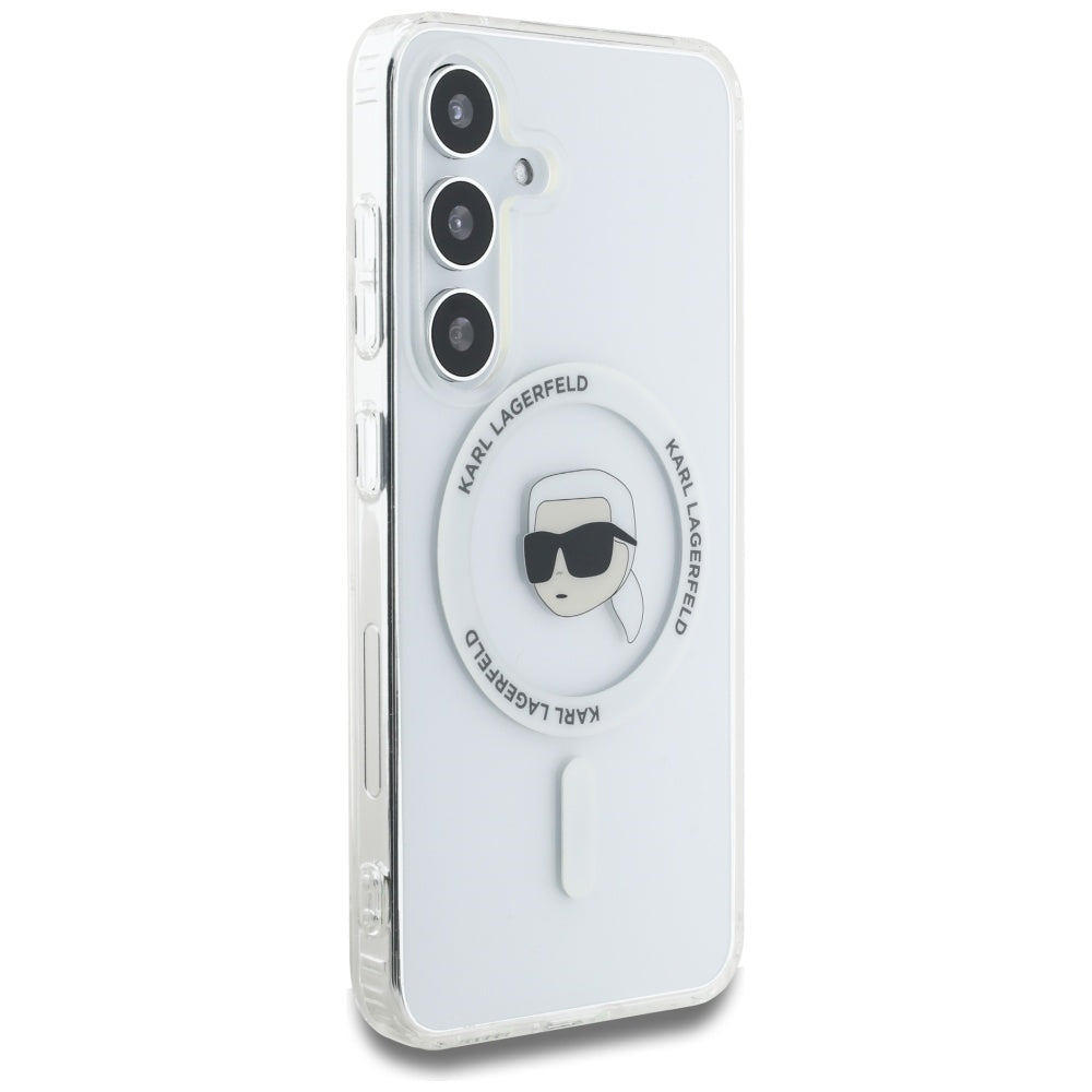 Karl Lagerfeld Samsung Galaxy S25 - Button Karl Head Printed Logo - MagSafe Σκληρή Θήκη με Πλαίσιο Σιλικόνης - White - KLHMS25SHLSKIH