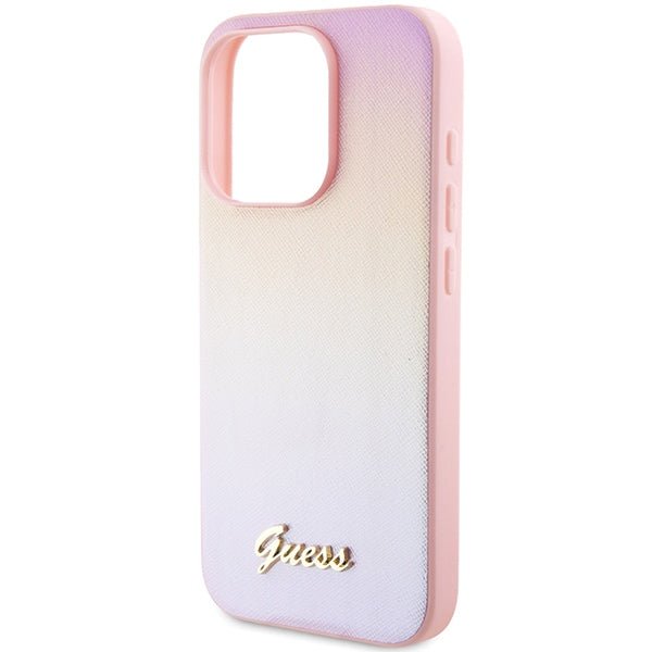 Guess iPhone 15 Pro Max Saffiano Iridescent Script Σκληρή Θήκη με Επένδυση Συνθετικού Δέρματος και Πλαίσιο Σιλικόνης - Pink - GUHCP15XPSAIRSP