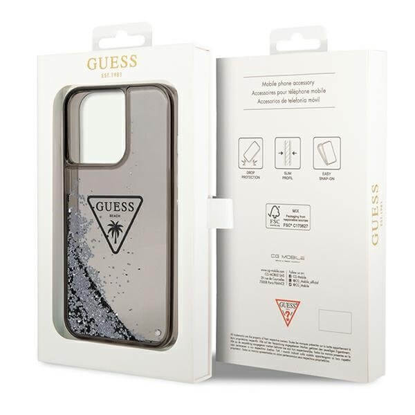 Guess iPhone 14 Pro Palm Liquid Glitter Σκληρή Θήκη με Πλαίσιο Σιλικόνης - Black - GUHCP14LLFCTPK