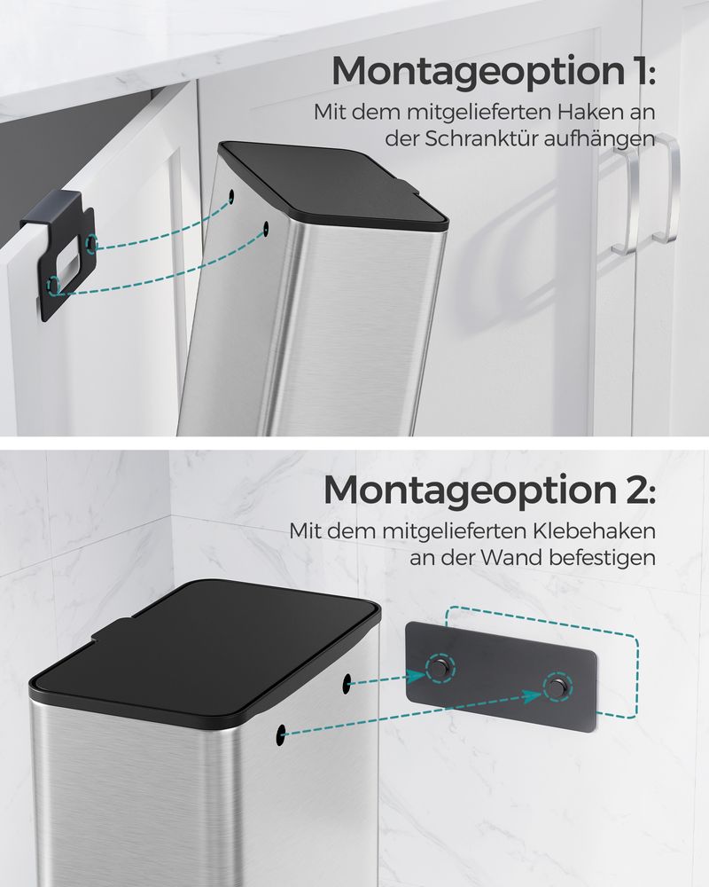 Songmics Κρεμαστός Κάδος Απορριμμάτων για Ντουλάπι από Ατσάλι και Πλαστικό Καπάκι - 8L - Metallic Silver - LTB810E08