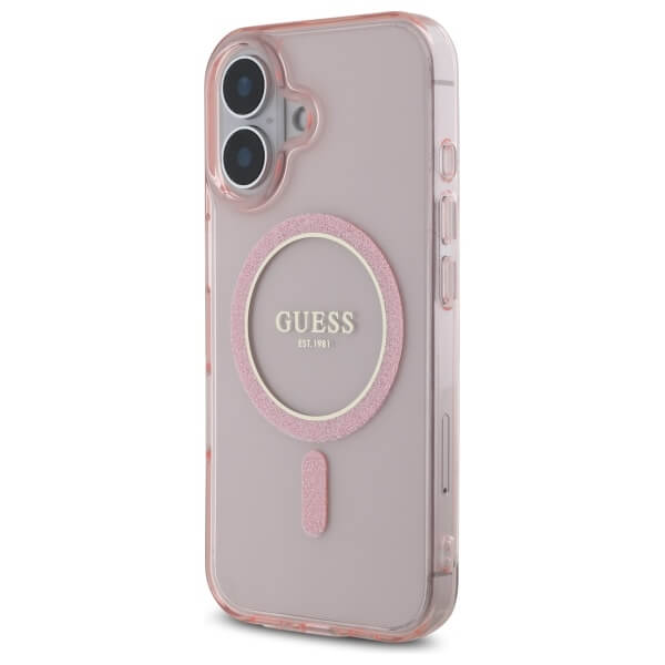 Guess iPhone 16 - IML Glitter Circle MagSafe - Σκληρή Θήκη με Πλαίσιο Σιλικόνης - Pink - GUHMP16SHFGEREP