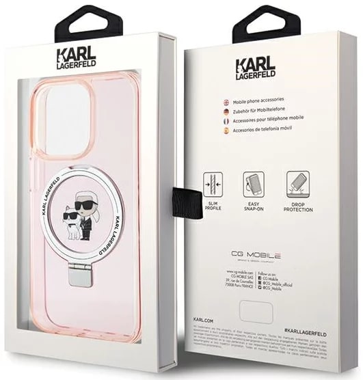 Karl Lagerfeld iPhone 15 Pro Max Ring Stand Karl and Choupette MagSafe Σκληρή Θήκη με Πλαίσιο Σιλικόνης και MagSafe - Διάφανη / Pink - KLHMP15XHMRSKCP