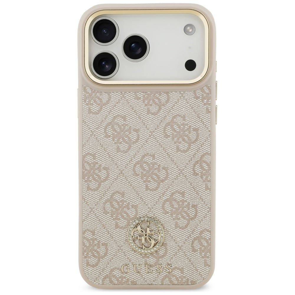Guess iPhone 17 Pro Max - 4G Strass Logo and Big Strap Metal Buttons MagSafe - Θήκη με Επένδυση Συνθετικού Δέρματος και Λουράκι - Pink - GUHMP17XP4G4DCSP