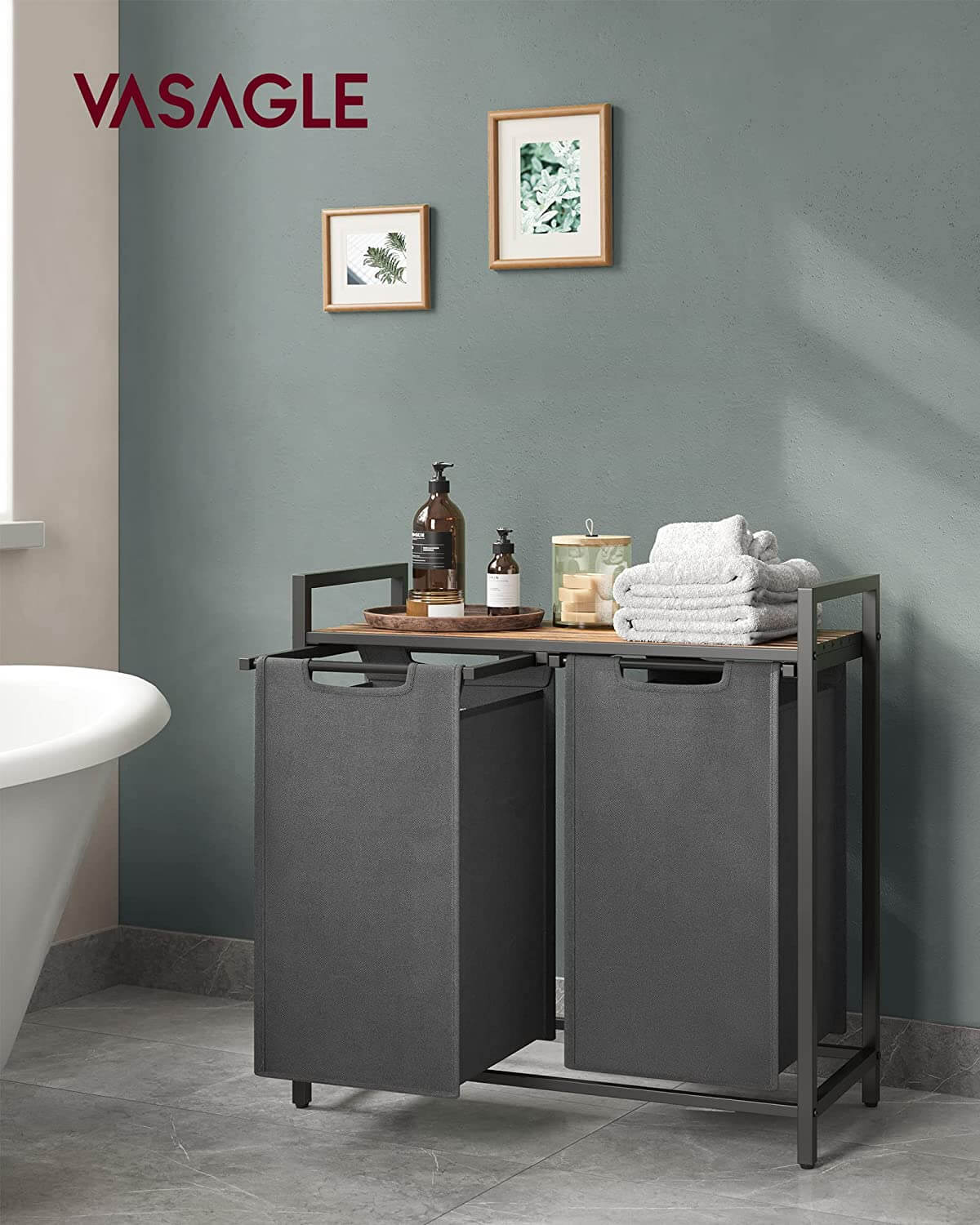 Vasagle Καλάθι Απλύτων με 2 Διαμερίσματα και Ράφι - 92L - Vintage Brown / Grey - BLH201G01