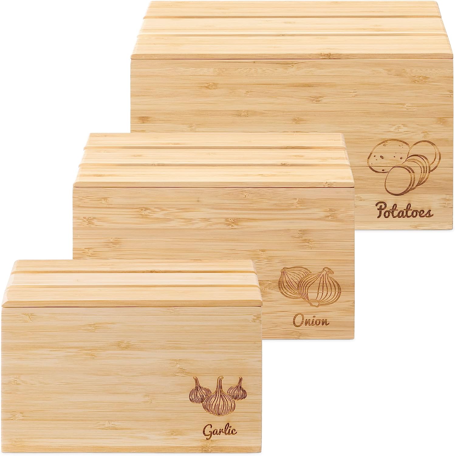 Navaris Σετ με 3 Κουτιά Αποθήκευσης Λαχανικών από Μπαμπού - Light Brown - 60501.01