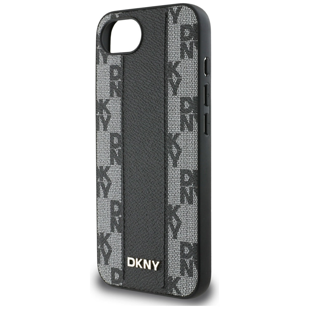 DKNY iPhone 16e - Leather Checkered Mono Pattern MagSafe Σκληρή Θήκη με Επένδυση Συνθετικού Δέρματος - Black