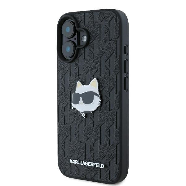 Karl Lagerfeld iPhone 16 - Monogram Choupette Head Pin Σκληρή Θήκη με Επένδυση Συνθετικού Δέρματος - Black - KLHCP16SPGKLCHPK