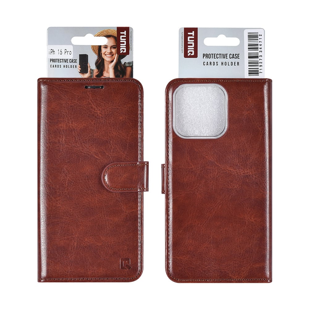 Tuniq iPhone 16 Pro - Θήκη Πορτοφόλι Stand από Δερματίνη - Καφέ