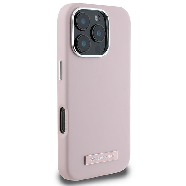 Karl Lagerfeld iPhone 16 Pro - FW Metal Plate MagSafe Σκληρή Θήκη με Επένδυση Συνθετικού Δέρματος - Pink - KLHMP16LPGMSRPP