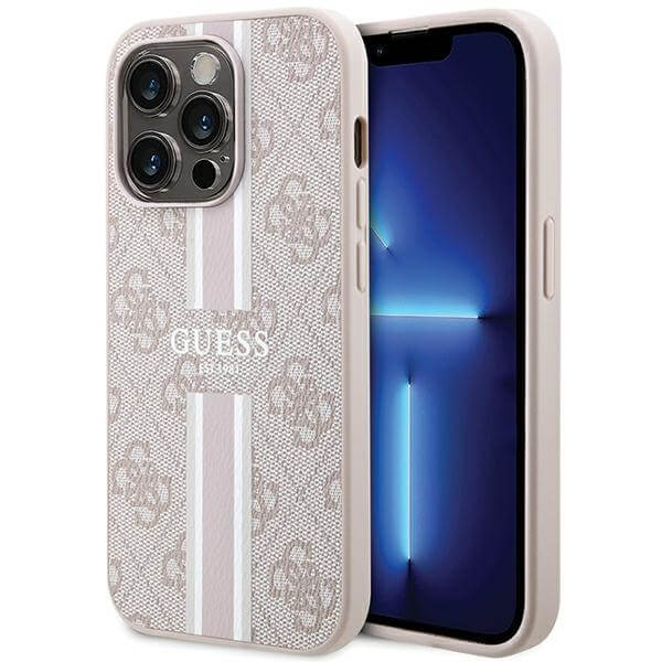 Guess iPhone 15 Pro - 4G Printed Stripes MagSafe Θήκη με Επένδυση Συνθετικού Δέρματος - Pink - GUHMP15LP4RPSP