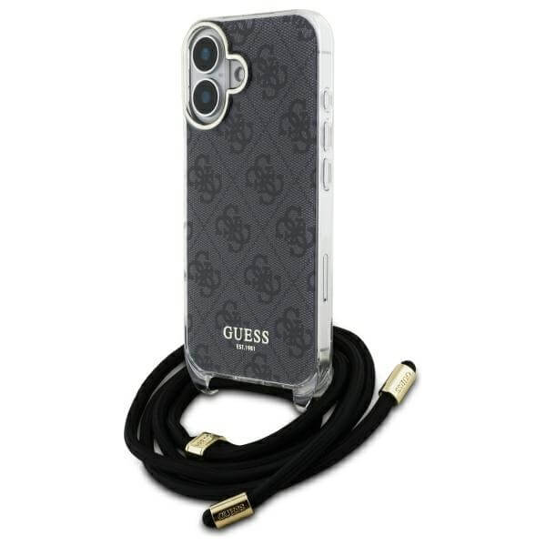 Guess iPhone 16 - Crossbody Cord 4G Print - Σκληρή Θήκη με Πλαίσιο Σιλικόνης και Λουράκι - Black - GUHCP16SHC4SEK