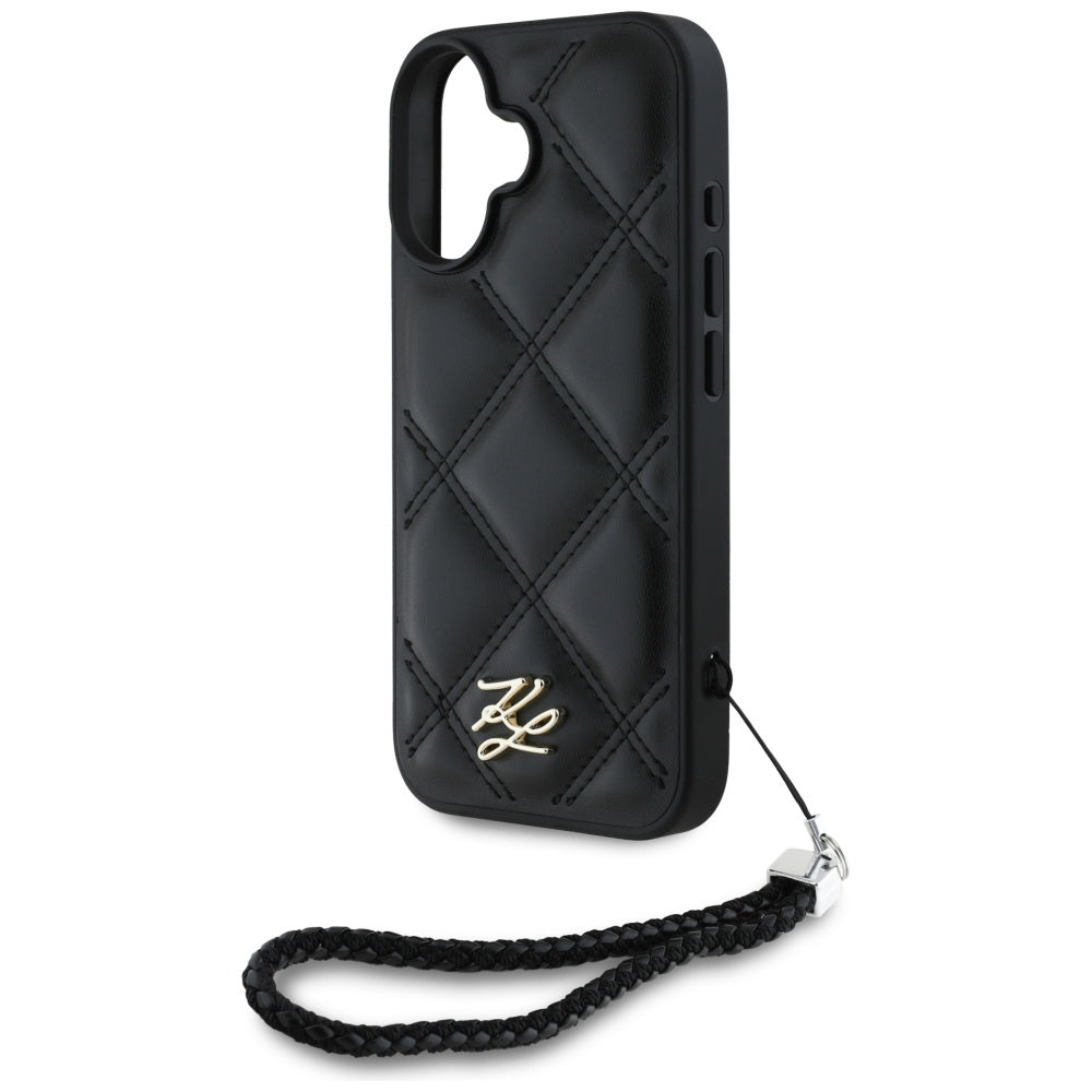 Karl Lagerfeld iPhone 16 - Quilted Initial Logo and Chain Strap - Θήκη με Επένδυση Συνθετικού Δέρματος και Λουράκι - Black - KLHCP16SPSQSKLSMSK - likebrands.gr