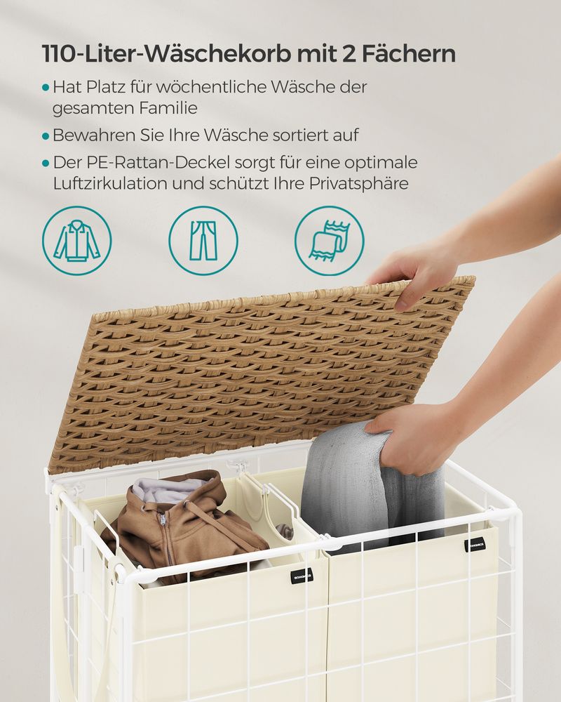 Songmics Τροχήλατο Αναδιπλούμενο Καλάθι Απλύτων με 2 Χωρίσματα και Καπάκι - 110L - Natural Beige / Cream White - LCB211N01