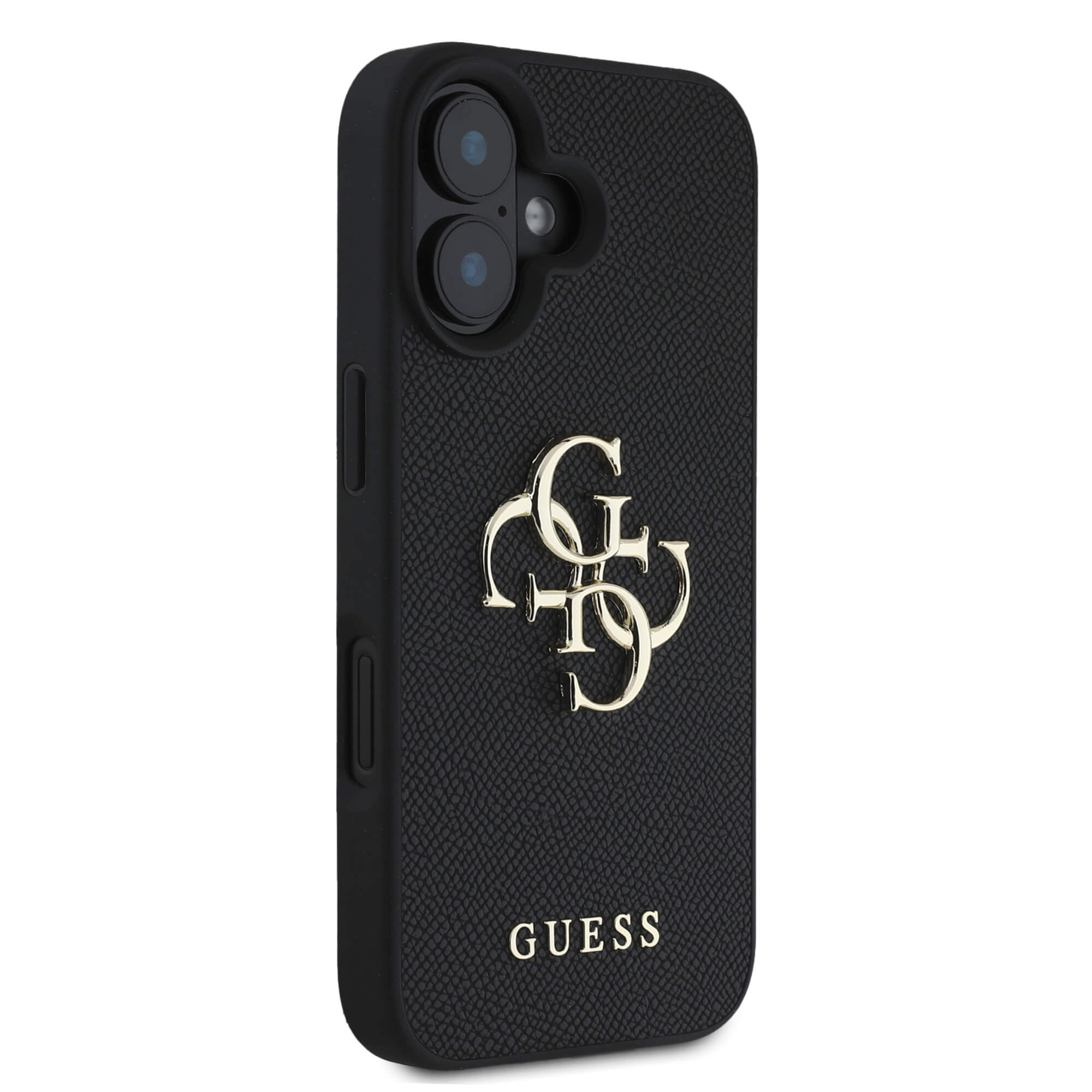 Guess iPhone 16 - Grained Big 4G Logo Small Classic Logo - Σκληρή Θήκη με Επένδυση από Οικολογικό Δέρμα - Black - GUHCP16SPGT4MBK