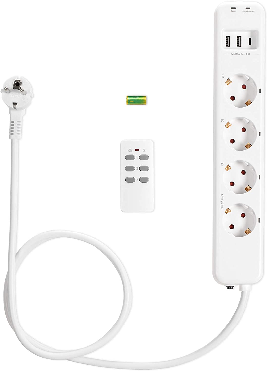 Navaris Πολύπριζο με Τηλεχειριστήριο με 4 Πρίζες, 2 Θύρες USB και 1 Θύρα Type-C - White - 53169.02