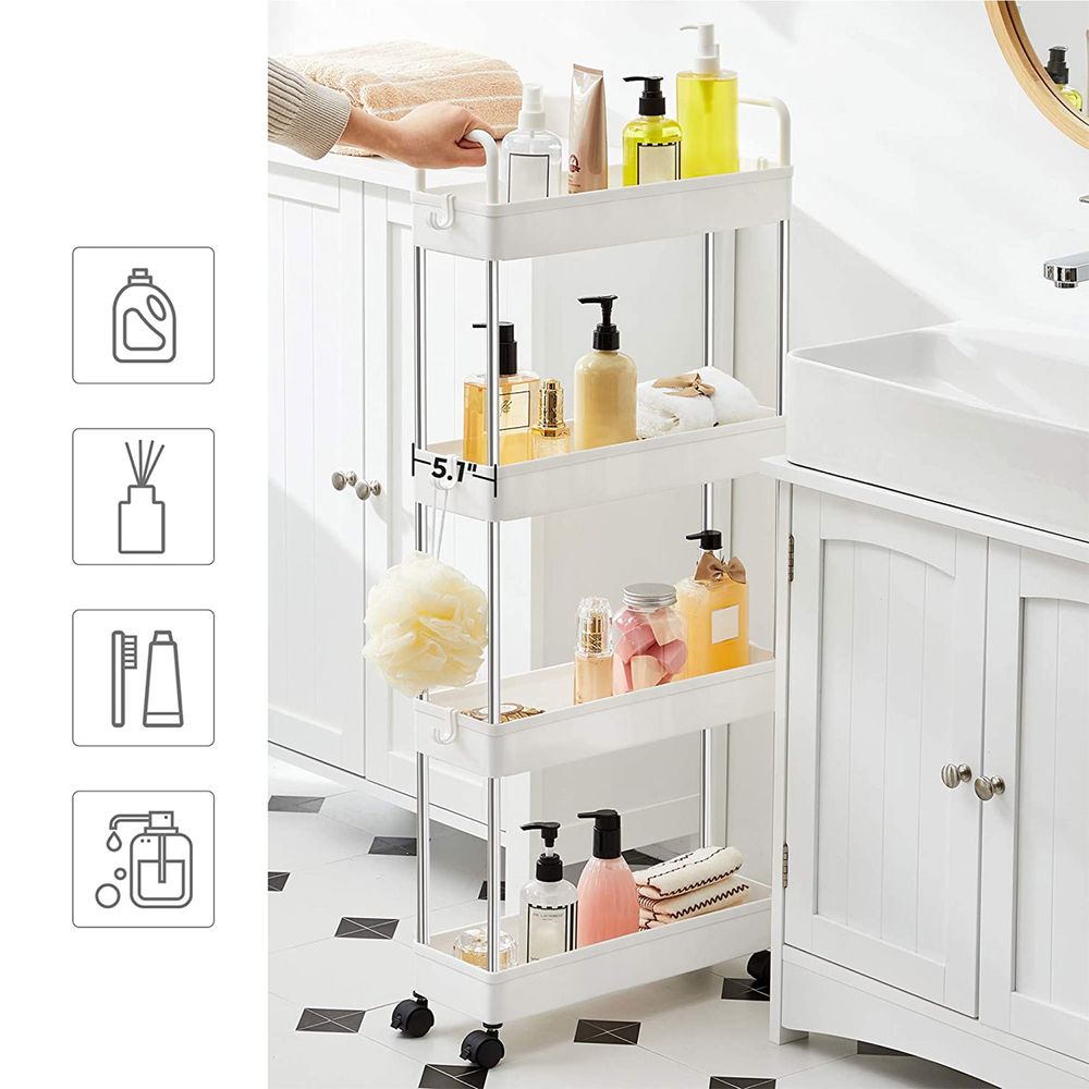 Songmics Πλαστικό Καρότσι Εξοικονόμησης Χώρου για Οργάνωση και Αποθήκευση με 4 Ράφια - 40 x 13 x 93 cm - White - KSC018W01