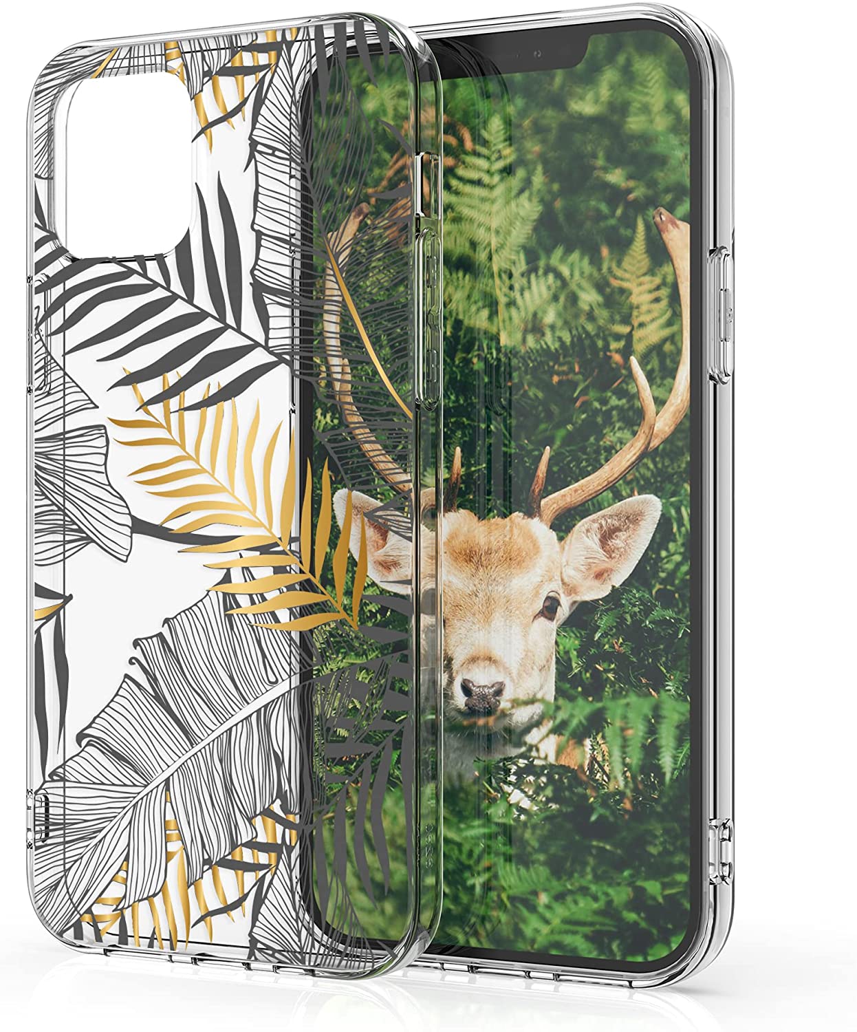 KW iPhone 12 / iPhone 12 Pro Θήκη Σιλικόνης TPU Design Palm Leaves - Διάφανη / Gold / Grey - 53035.14