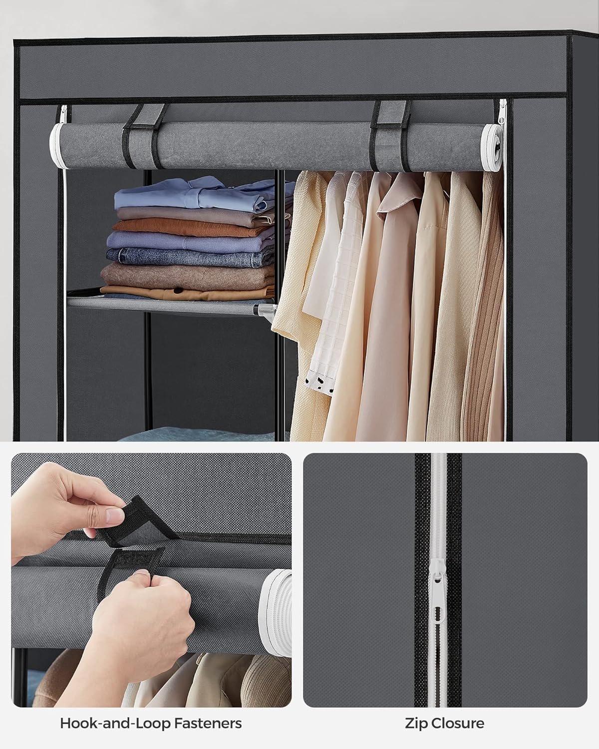 Songmics Υφασμάτινη Ντουλάπα με Ράγα Ρούχων και Ράφια - 88 x 45 x 170 cm - Grey - RYG84G