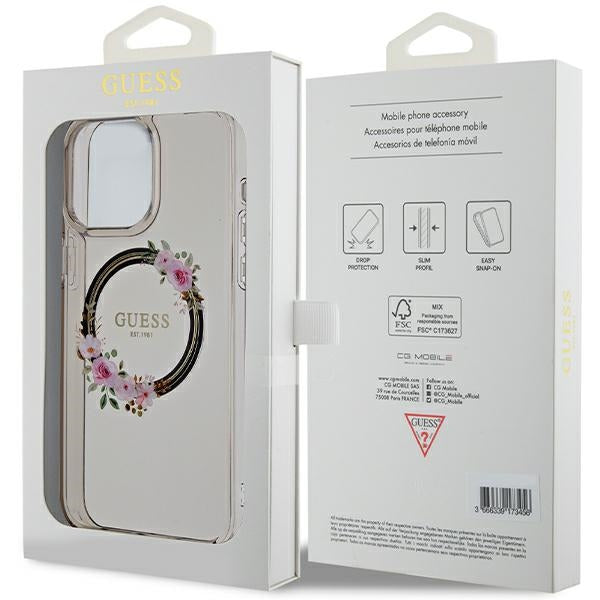 Guess iPhone 15 Pro Max IML Flowers Wreatch MagSafe Σκληρή Θήκη με Πλαίσιο Σιλικόνης και MagSafe - Black - GUHMP15XHFWFCK