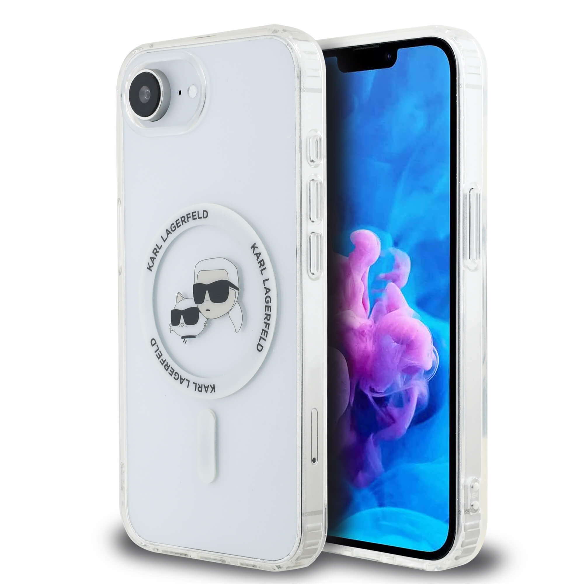 Karl Lagerfeld iPhone 16e - IML Metal Karl and Choupette Heads - MagSafe Σκληρή Θήκη με Πλαίσιο Σιλικόνης - White - KLHMPSE4HLSKCH