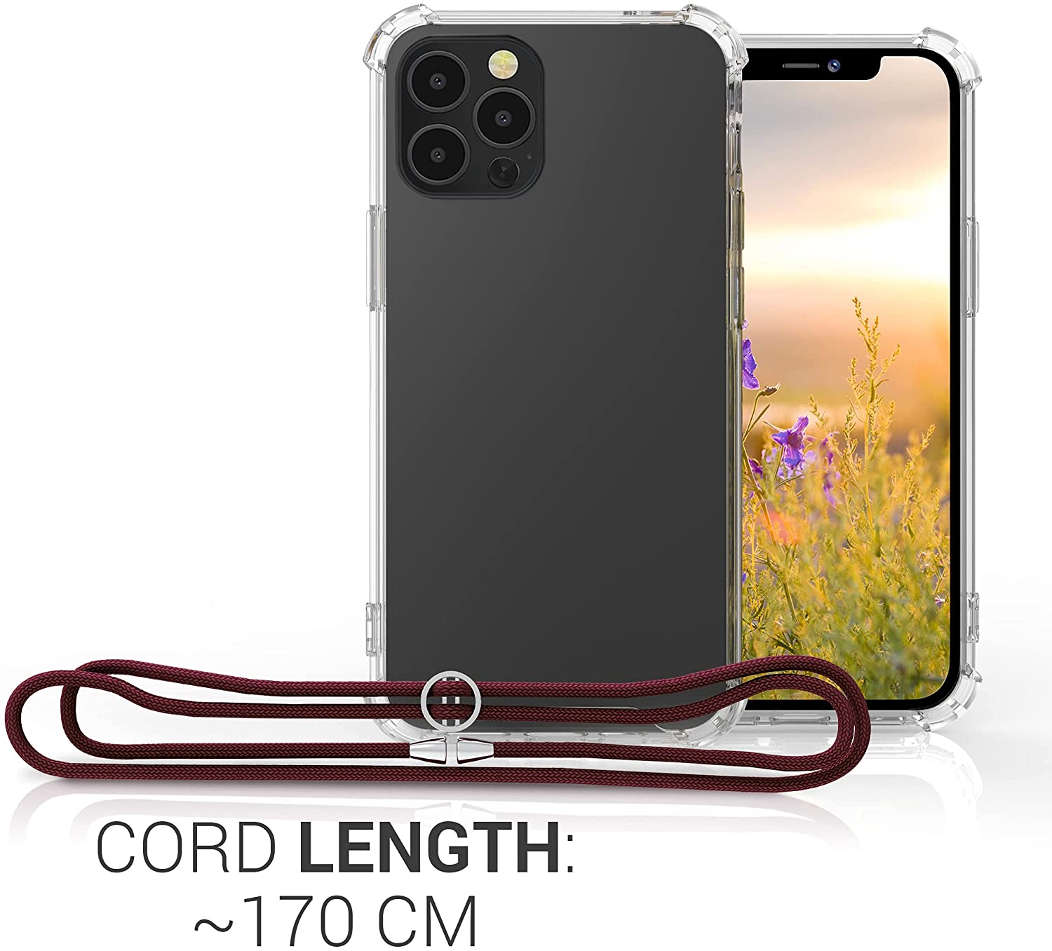 KW iPhone 12 / iPhone 12 Pro Θήκη Σιλικόνης TPU με Λουράκι - Διάφανη - Dark Red - 52730.20