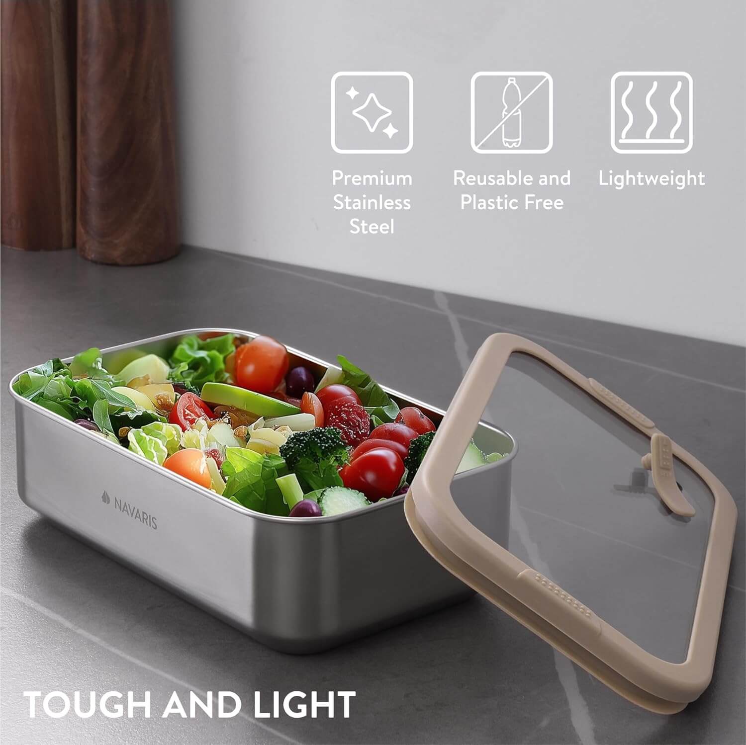 Navaris Σετ με 2 Δοχεία Αποθήκευσης Φαγητού από Ανοξείδωτο Ατσάλι - Silver / Brown