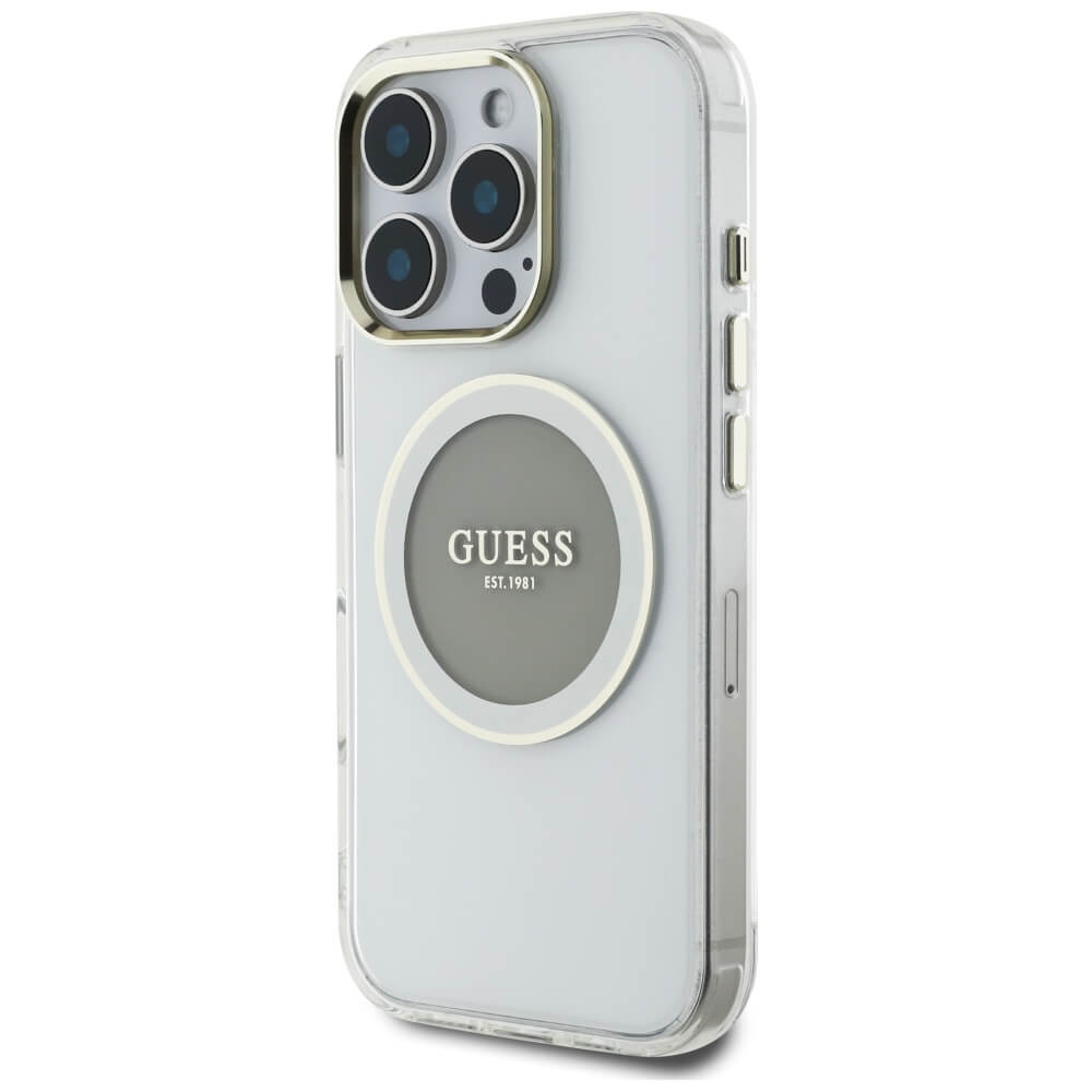 Guess iPhone 16 Pro IML Metal Colored Circle Classic Logo MagSafe Σκληρή Θήκη με Πλαίσιο Σιλικόνης και MagSafe - Grey - GUHMP16LHTDRCEDG