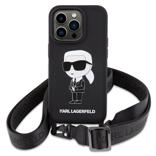Karl Lagerfeld iPhone 15 Pro Max Crossbody Silicone Ikonik Σκληρή Θήκη με Πλαίσιο Σιλικόνης και Λουράκι - Black - KLHCP15XSCBSKNK