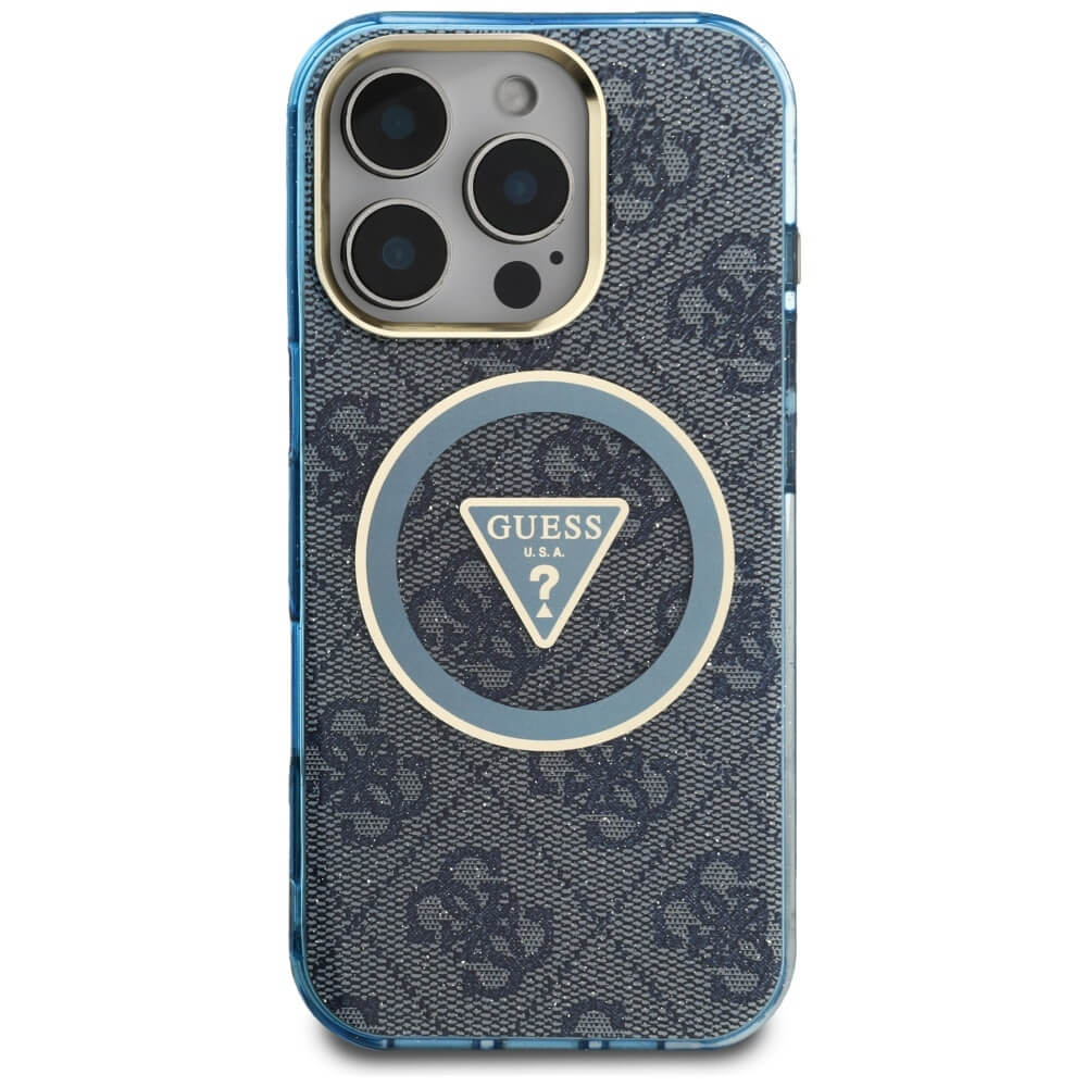 Guess iPhone 16 Pro - IML Metal Glitter 4G Circle Triangle MagSafe - Σκληρή Θήκη με Πλαίσιο Σιλικόνης και MagSafe - Blue - GUHMP16LHG4PRTGB