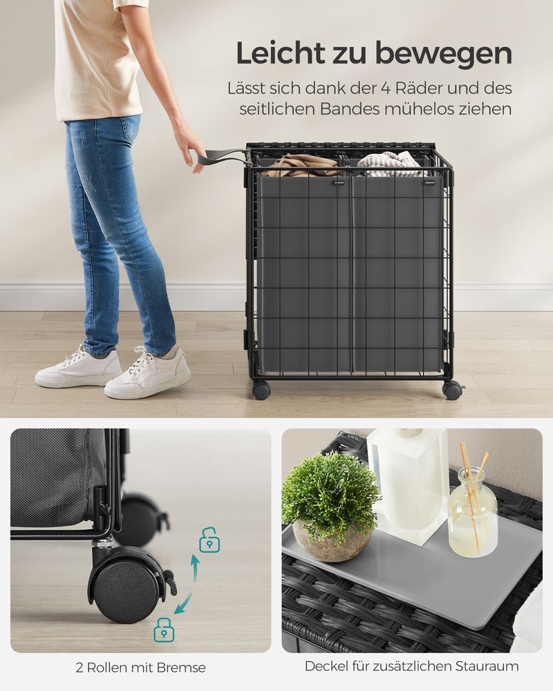 Songmics Τροχήλατο Αναδιπλούμενο Καλάθι Απλύτων με 2 Χωρίσματα και Καπάκι - 110L - Ink Black / Slate Grey - LCB211B11