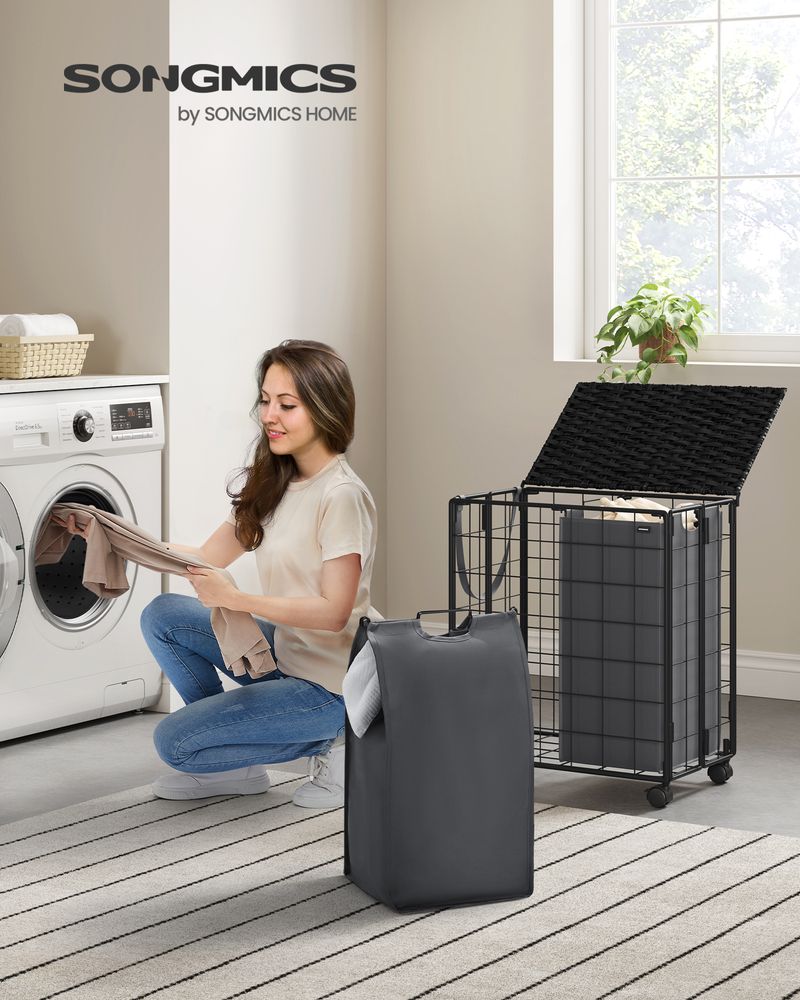 Songmics Τροχήλατο Αναδιπλούμενο Καλάθι Απλύτων με 2 Χωρίσματα και Καπάκι - 110L - Ink Black / Slate Grey - LCB211B11