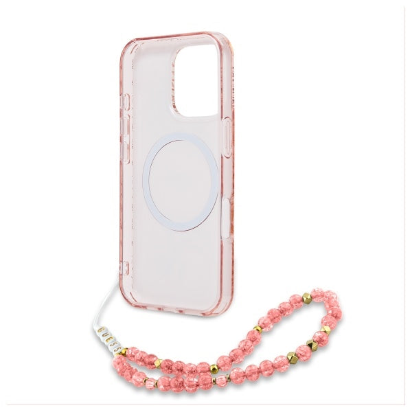 Guess iPhone 16 Pro Max - IML Flowers Allover Electro With Pearl Strap MagSafe - Σκληρή Θήκη με Πλαίσιο Σιλικόνης και Λουράκι - Pink - GUHMP16XHCPOFPP