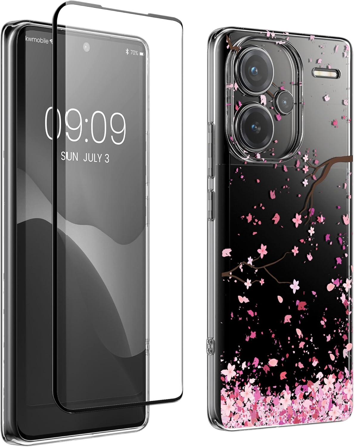 KW Xiaomi Redmi Note 13 Pro+ 5G Θήκη Σιλικόνης TPU με Αντιχαρακτικό Γυαλί - Design Cherry Blossoms Petals - Pink / Dark Brown / Διάφανη