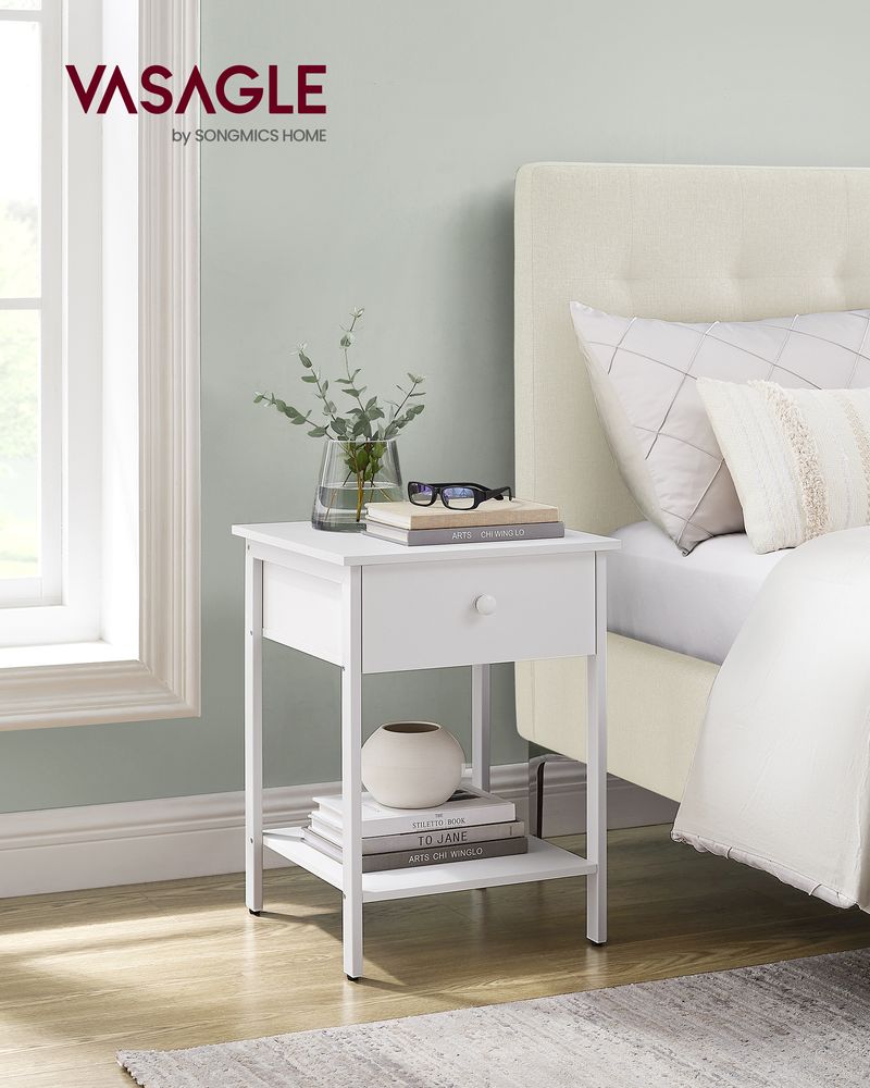 Vasagle Κομοδίνο με Συρτάρι και Μεταλλικό Σκελετό - Matte White - LET055W14