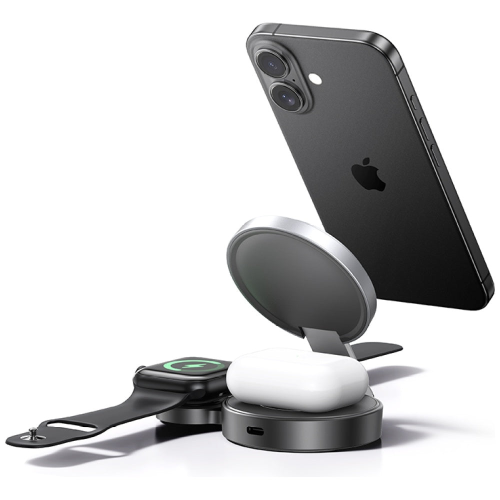 USAMS 3in1 Πτυσσόμενος Ασύρματος Φορτιστής Qi για Smartphones και Apple Watch και Airpods 15W - Black