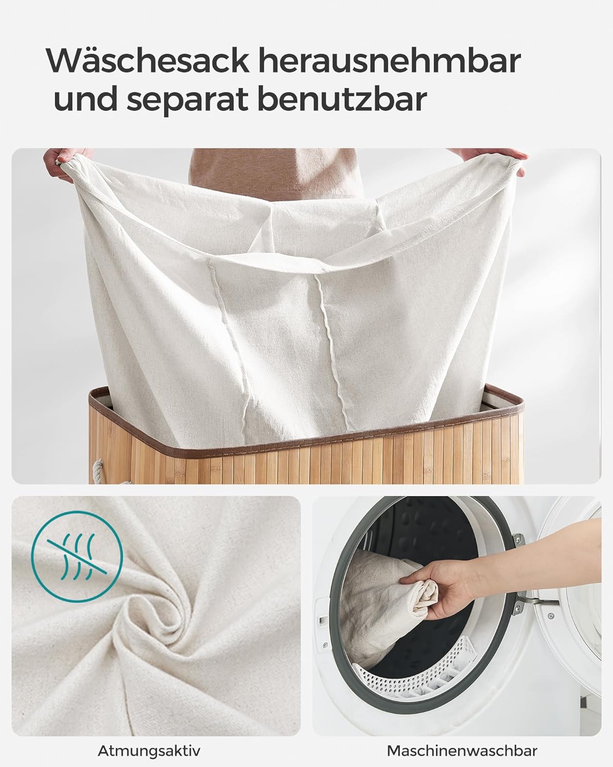 Songmics Καλάθι Απλύτων από Μπαμπού με 3 Διαμερίσματα - 150L - Natural - LCB091N01