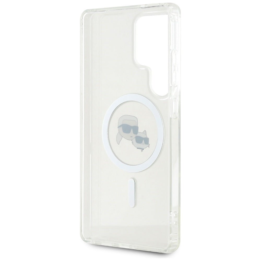 Karl Lagerfeld Samsung Galaxy S25 Ultra - Button Karl and Choupette Heads Printed Logo - MagSafe Σκληρή Θήκη με Πλαίσιο Σιλικόνης - White - KLHMS25LHLSKCH