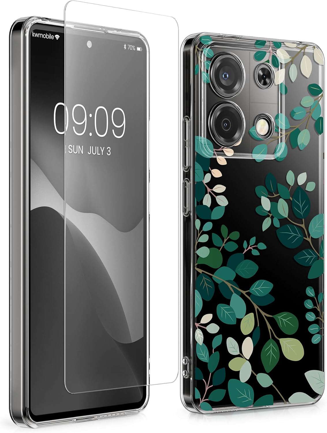 KW Xiaomi Redmi Note 13 Pro 5G / Poco X6 5G Θήκη Σιλικόνης TPU με Αντιχαρακτικό Γυαλί - Design Spring Leaves - Green / Διάφανη