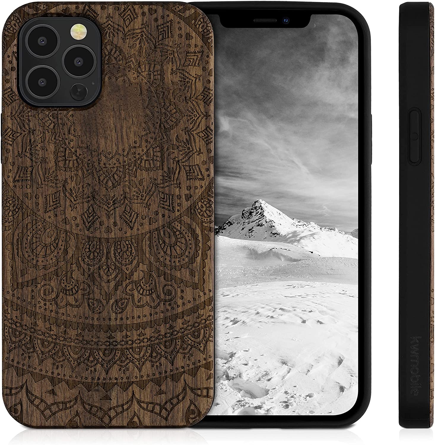 KW iPhone 12 / iPhone 12 Pro Θήκη από Φυσικό Ξύλο Design Indian Sun - Dark Brown - 52734.05
